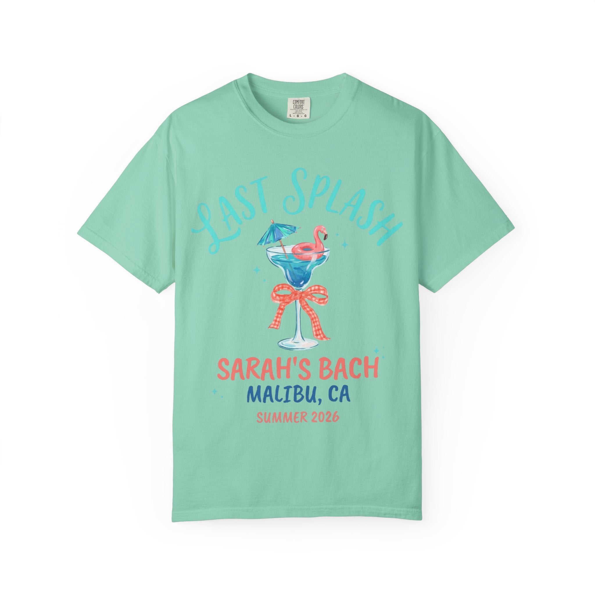 T-shirt with "Last Splash" text, margarita, flamingo, and bachelorette details.
