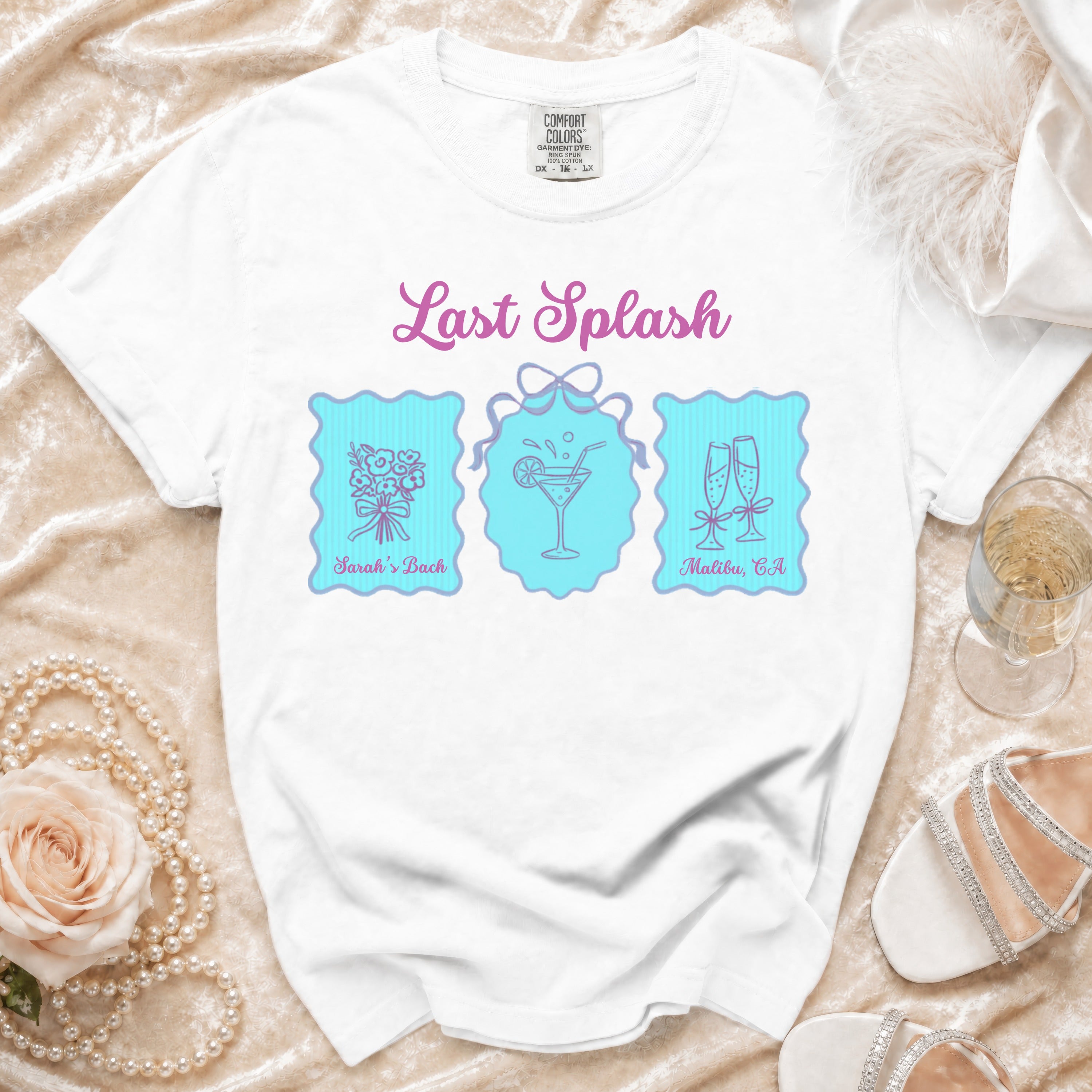 White t-shirt with "Last Splash" graphic and bachelorette party details.