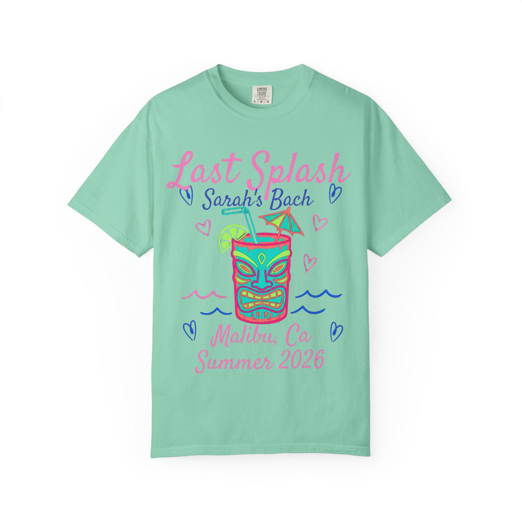Tiki graphic with "Last Splash Sarah's Bach Malibu, Ca Summer 2026" text.