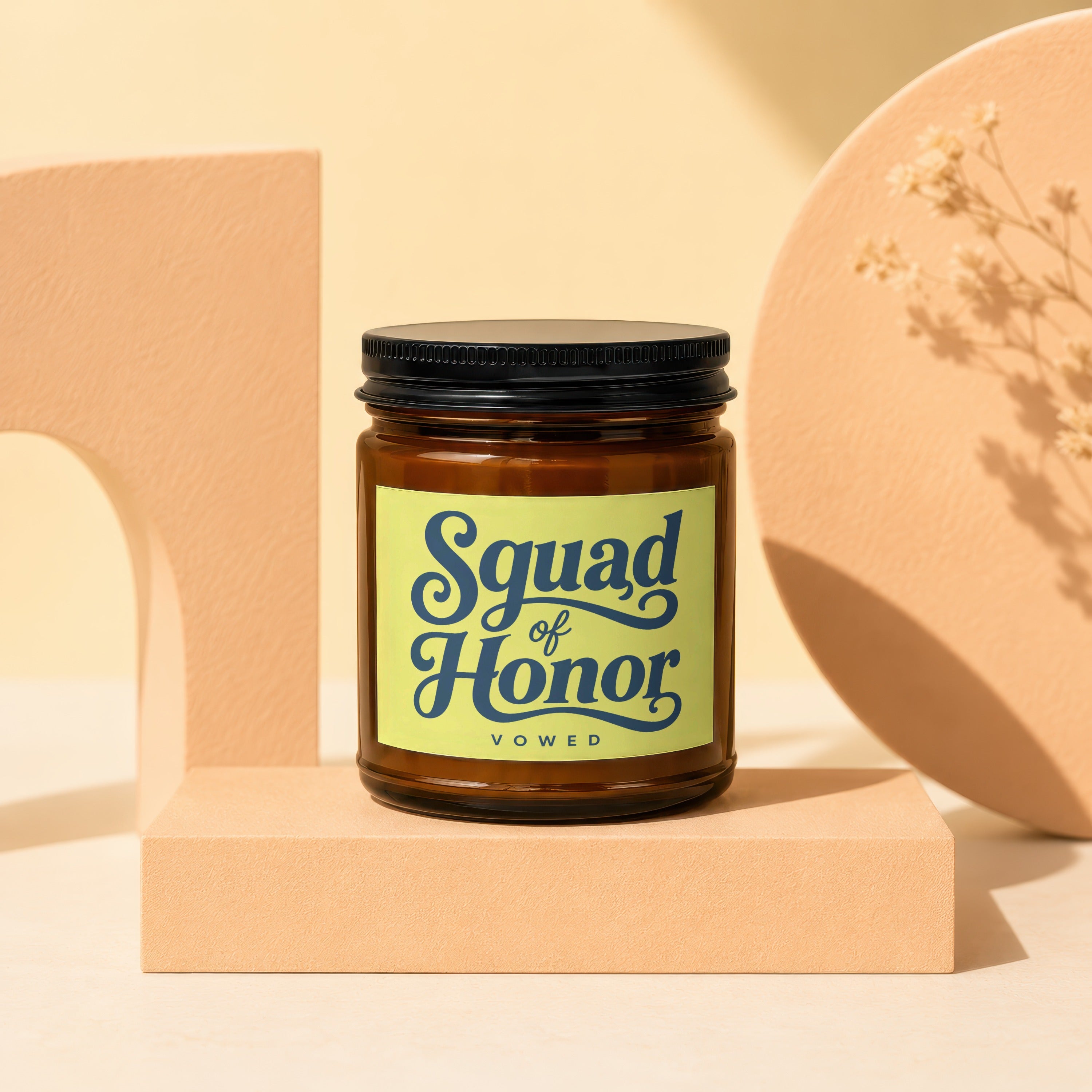 Glass candle labeled "Squad of Honor VOWED" on a pedestal.