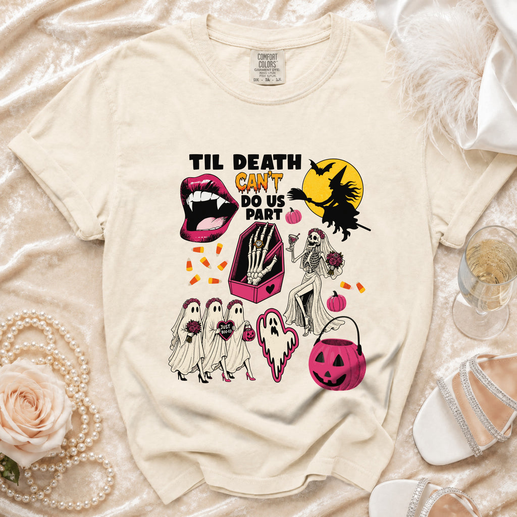 Cream t-shirt with "Til Death Can't Do Us Part" Halloween graphic.