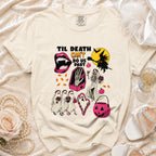 Cream t-shirt with "Til Death Can't Do Us Part" Halloween graphic.