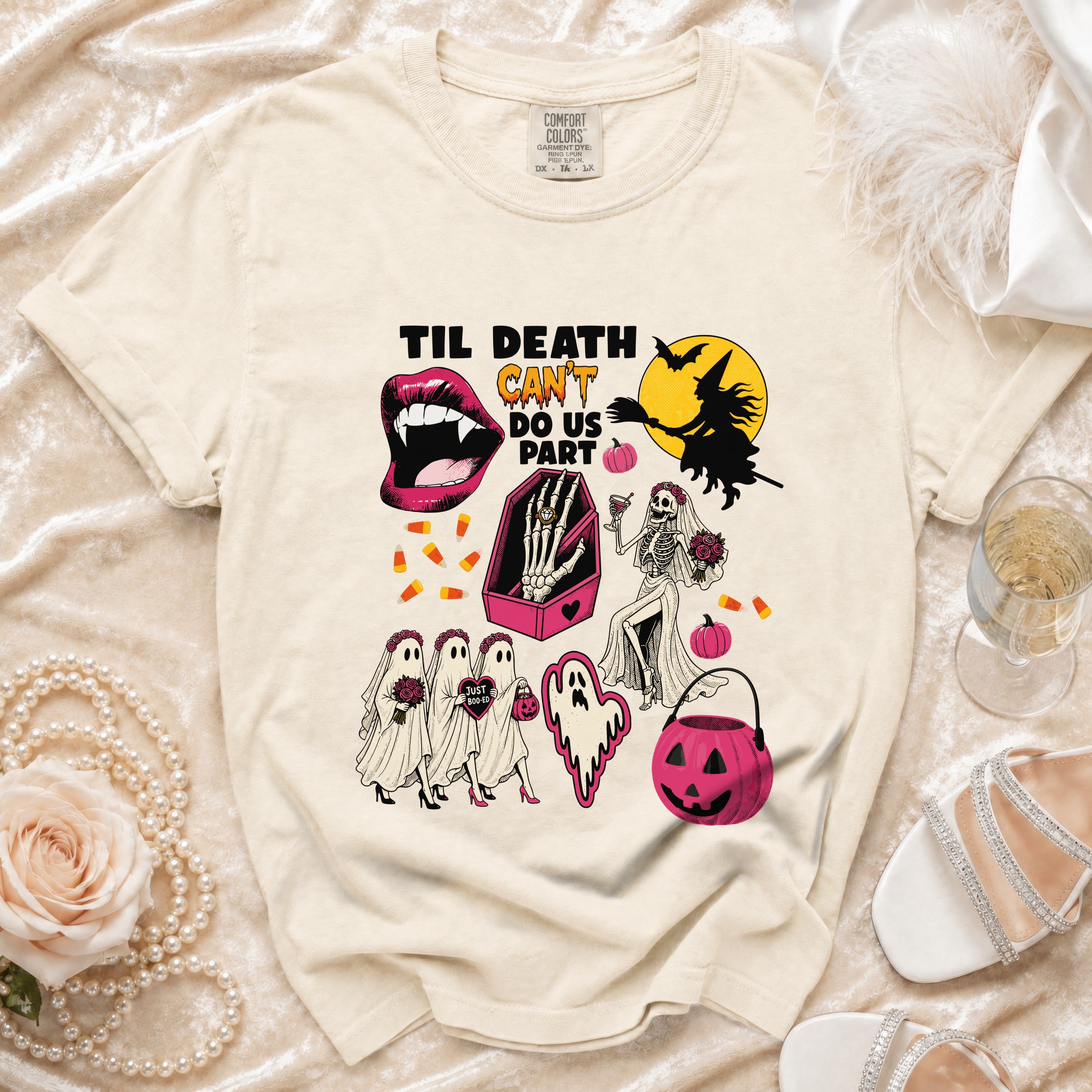 Cream t-shirt with "Til Death Can't Do Us Part" Halloween graphic.