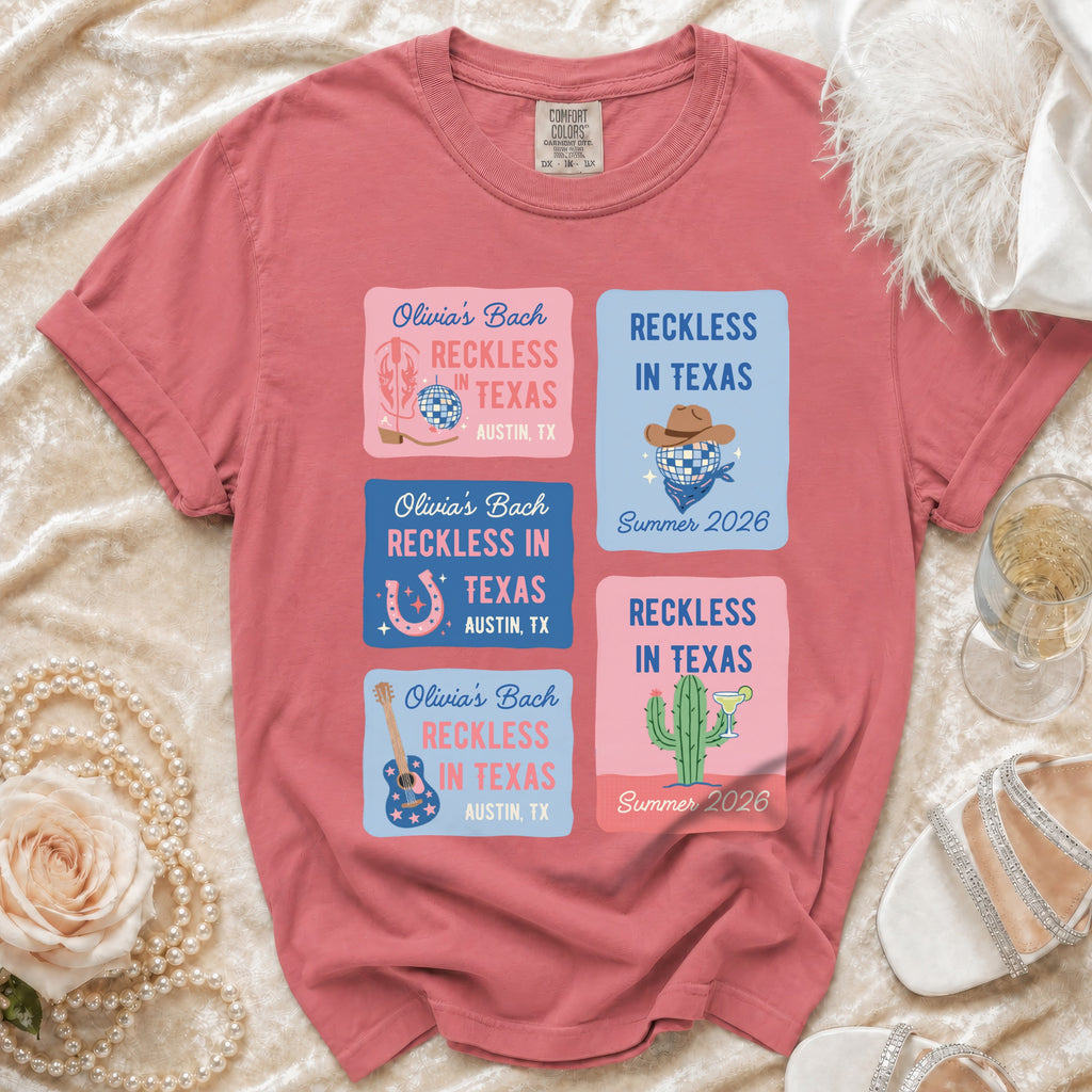 Coral t-shirt with four blue and pink rectangular graphic designs featuring text and graphics.