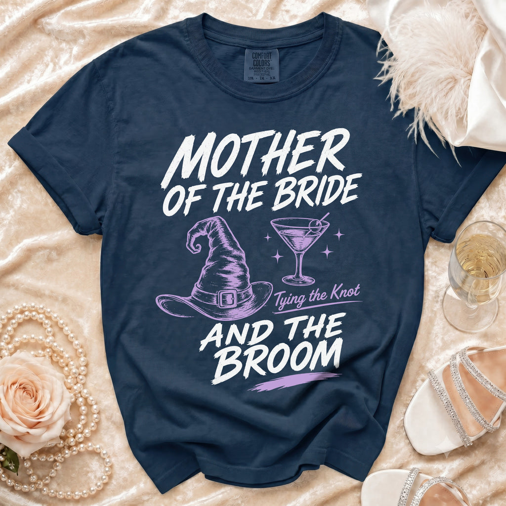 Navy t-shirt with "Mother of the Bride" text and witch hat graphic.