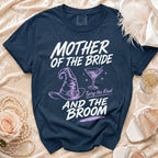 Navy t-shirt with "Mother of the Bride" text and witch hat graphic.