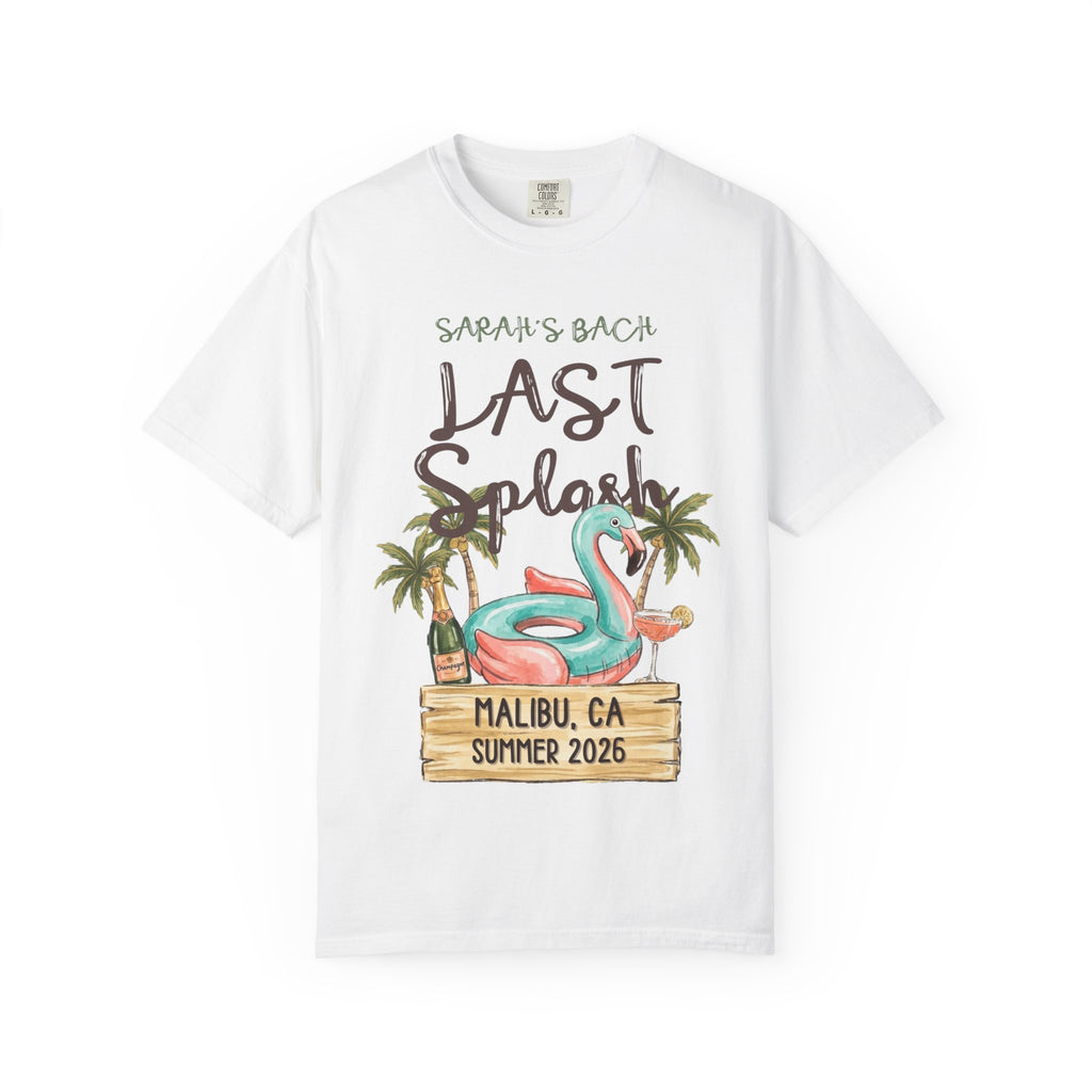 Sarah's Bach Last Splash t-shirt with flamingo, palm trees, and Malibu, CA text.