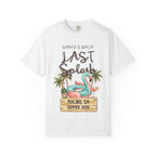 Sarah's Bach Last Splash t-shirt with flamingo, palm trees, and Malibu, CA text.