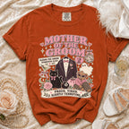 "Mother of the Groom" graphic tee with icons of a tuxedo, cat, bear, ghost, and text.