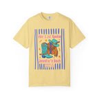Graphic tee with cowboy hat, boots, jacket, and "Her Last Rodeo" text.