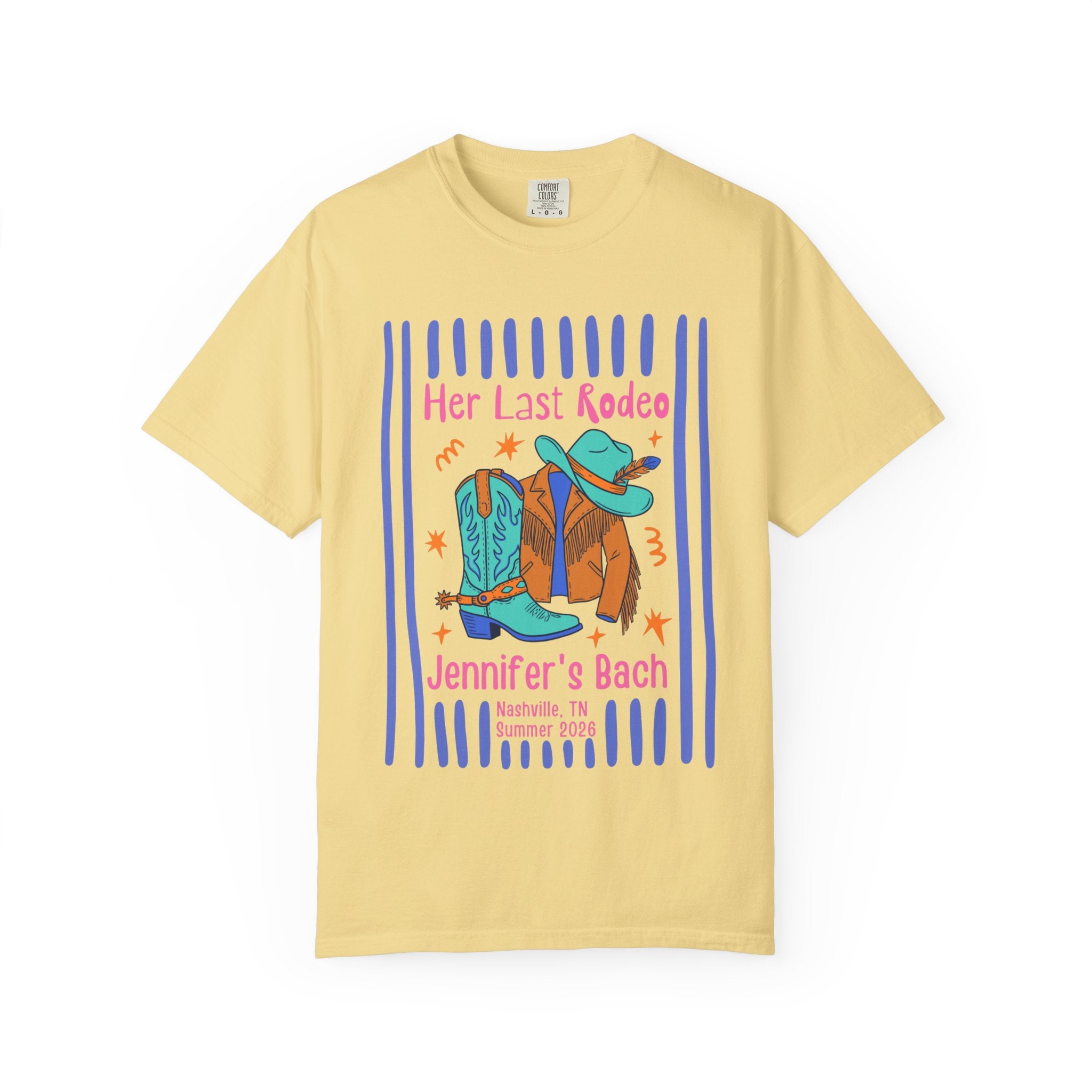 Graphic tee with cowboy hat, boots, jacket, and "Her Last Rodeo" text.