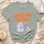 T-shirt with orange text "MEET ME at the ALTAR" and ghostly wedding graphics.