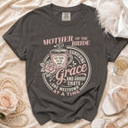 Gray t-shirt with "Mother of the Bride" and "Not Today, I'm The Mom" graphics.