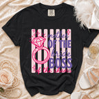Black t-shirt with "mother of the bride BOSS of the chaos" graphic.