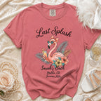 Coral t-shirt with "Last Splash Sarah's Bach Malibu, Ca Summer 2026" and flamingo.
