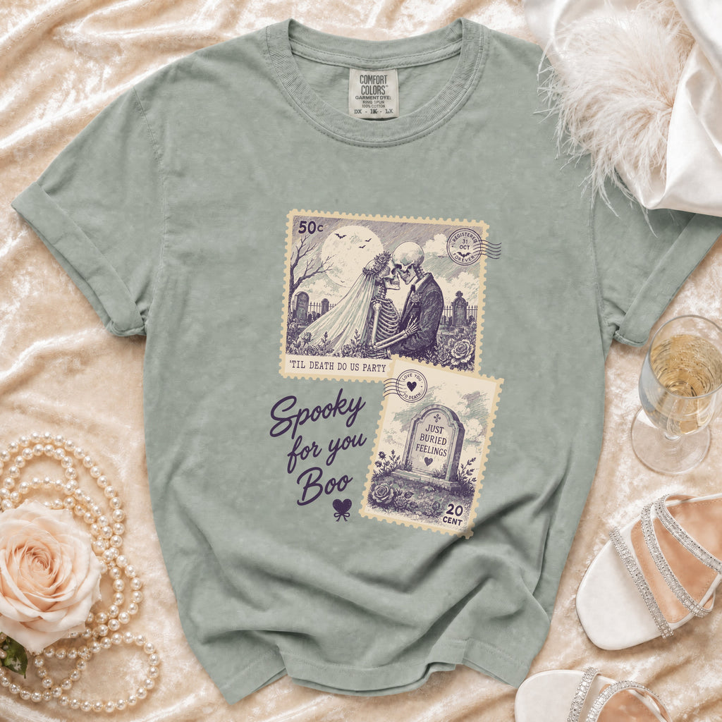 T-shirt with skeleton wedding graphic and "Spooky for you Boo" text.