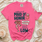 Pink t-shirt with "MAID OF HONOR" and "HONORARY THERAPIST" graphic.