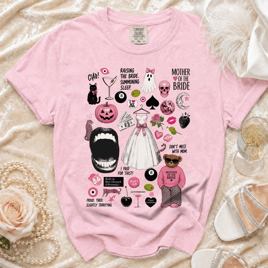 Pink "Mother of the Bride" t-shirt with various bridal-themed graphics and text.