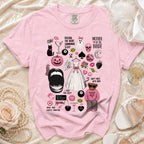 Pink "Mother of the Bride" t-shirt with various bridal-themed graphics and text.