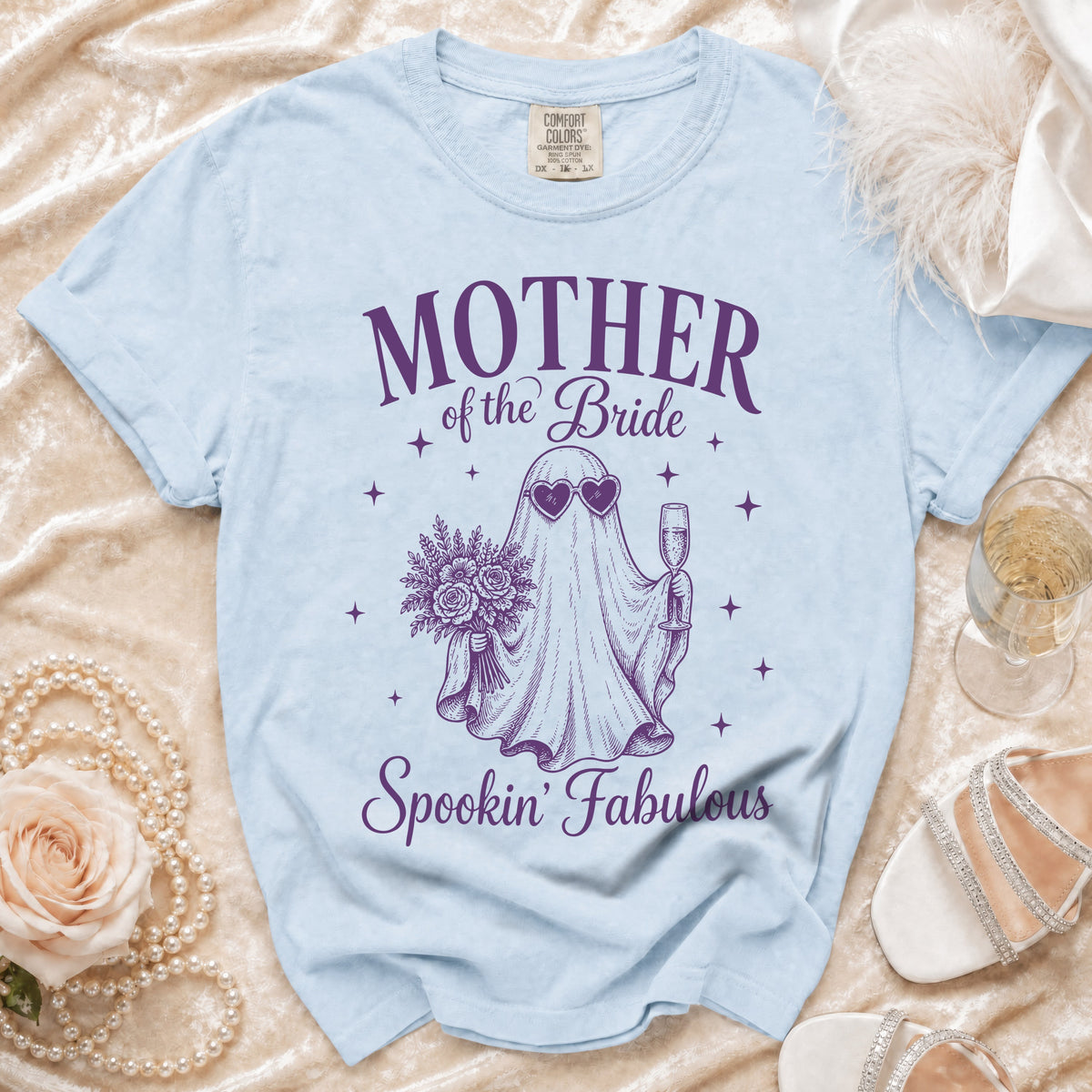 Light blue t-shirt with "Mother of the Bride Spookin' Fabulous" text and ghost graphic.