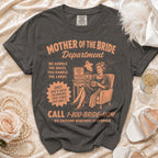Mother of the Bride Department t-shirt with funny wedding planning text and illustrations.