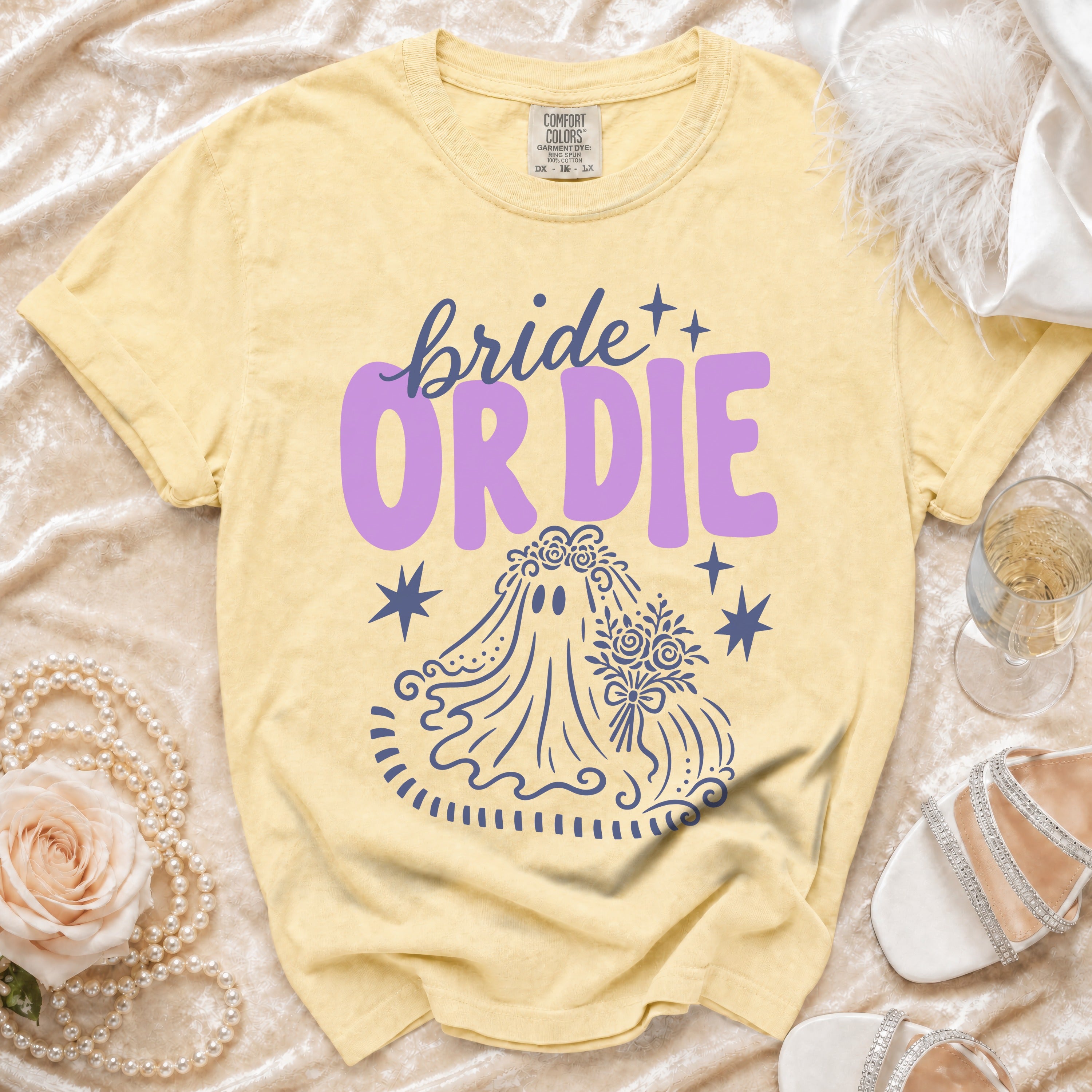 Yellow t-shirt with "bride OR DIE" text and ghost bride graphic.