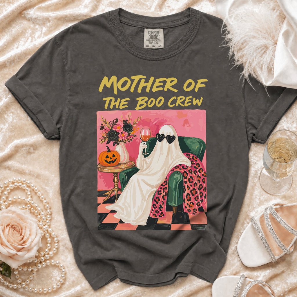 Dark gray t-shirt with "MOTHER OF THE BOO CREW" graphic featuring a ghost.