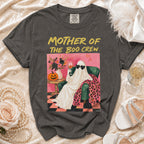 Dark gray t-shirt with "MOTHER OF THE BOO CREW" graphic featuring a ghost.