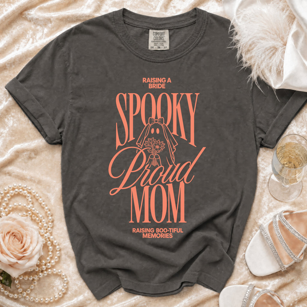 Charcoal t-shirt with "Raising a Bride Spooky Proud Mom Raising Boo-tiful Memories" text.