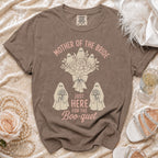 T-shirt with "Mother of the Bride Just Here for the Boo-quet" text and ghost designs.