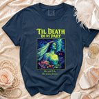 Navy Comfort Colors t-shirt with "Til Death Do Us Part" graphic and wedding-themed tagline.