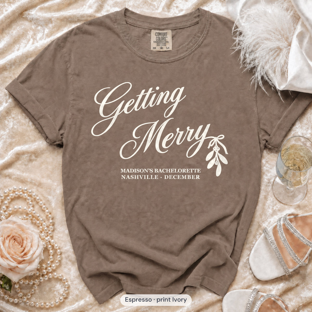 Espresso Getting Merry'd & Getting Merry bachelorette crew t-shirt