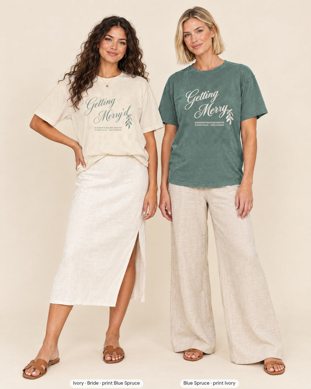 Bride and crew wearing the Getting Merry'd & Getting Merry bachelorette shirts