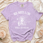 Lavender t-shirt with "RED, WHITE & I DO" and Willow's Bachelorette text.