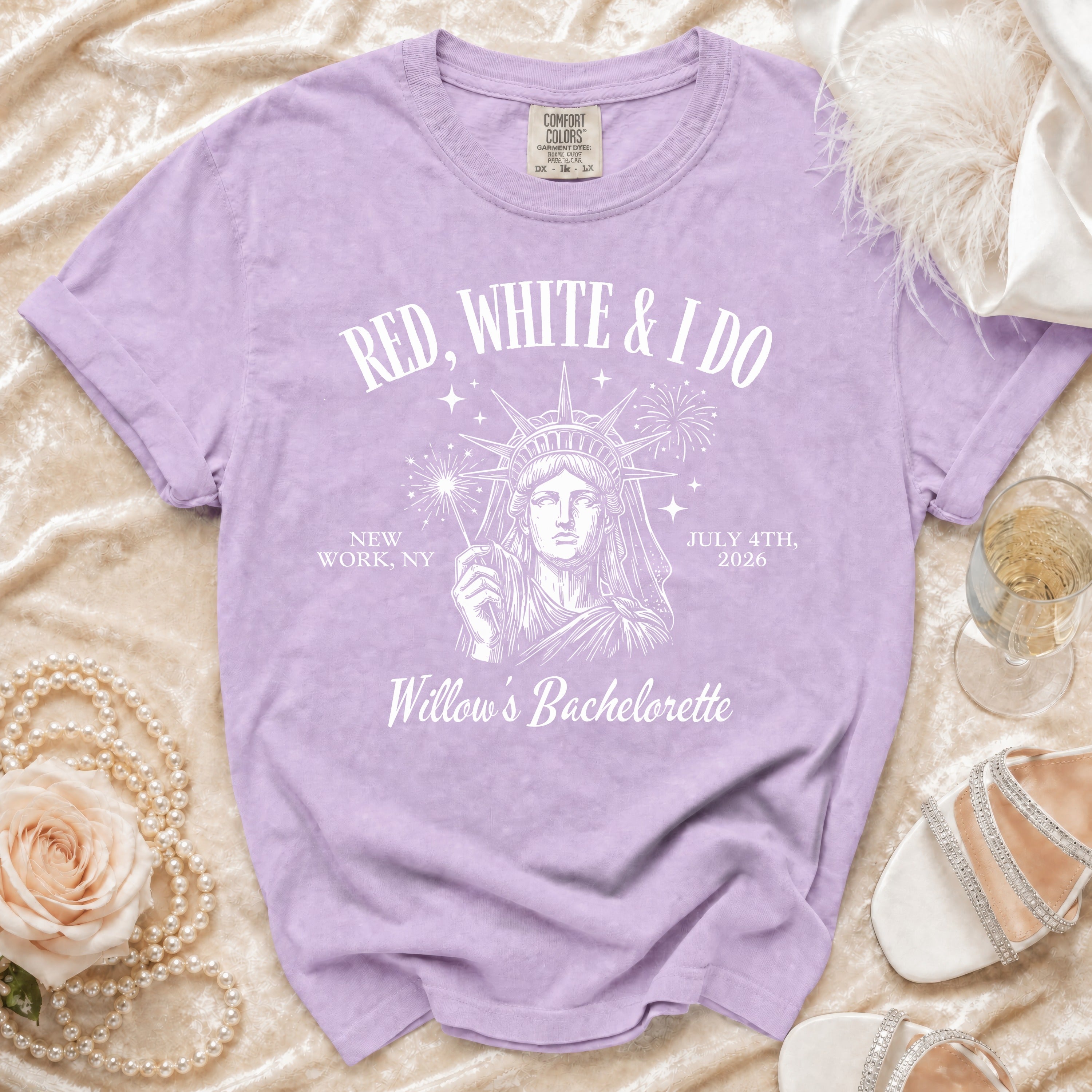 Lavender t-shirt with "RED, WHITE & I DO" and Willow's Bachelorette text.