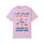 Pink t-shirt with "Last Splash Sarah's Bach Malibu, CA Summer 2026" text and graphics.