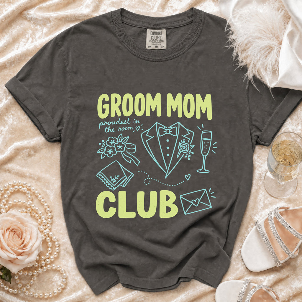 Dark grey t-shirt with "GROOM MOM CLUB" text and wedding icons.