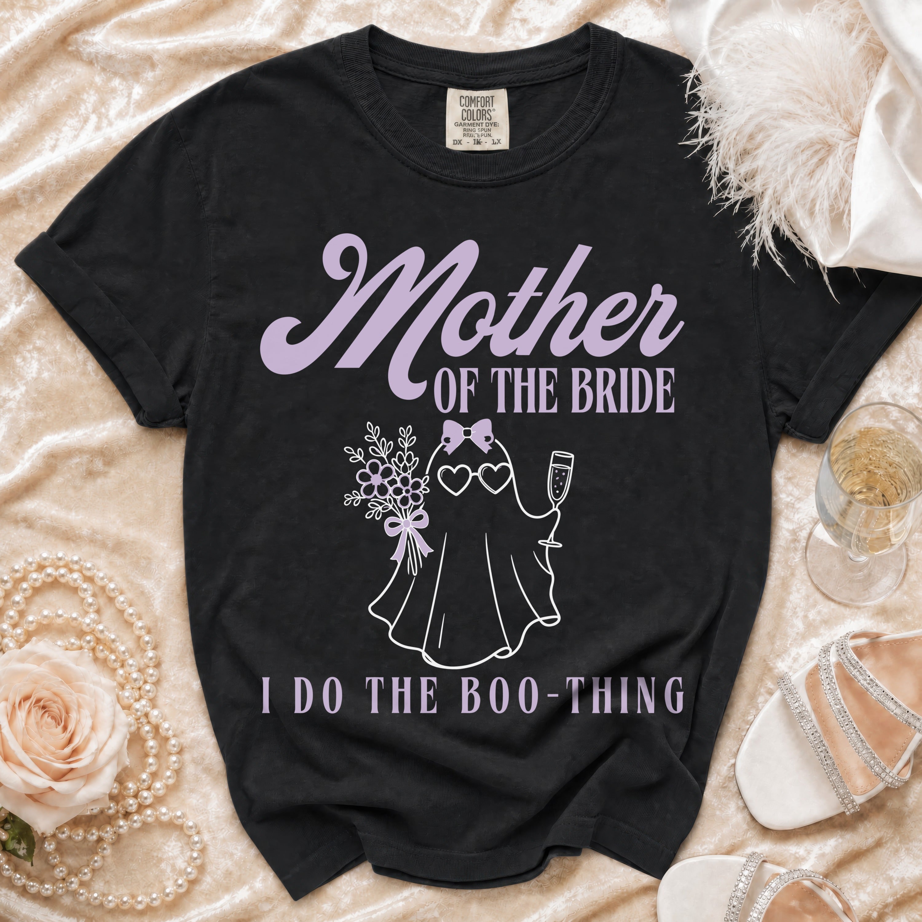 Black t-shirt with "Mother of the Bride I Do The Boo-Thing" text and ghost graphic.