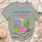 "Last Splash Sarah's Bach Malibu CA Summer 2026" t-shirt with tropical graphics.