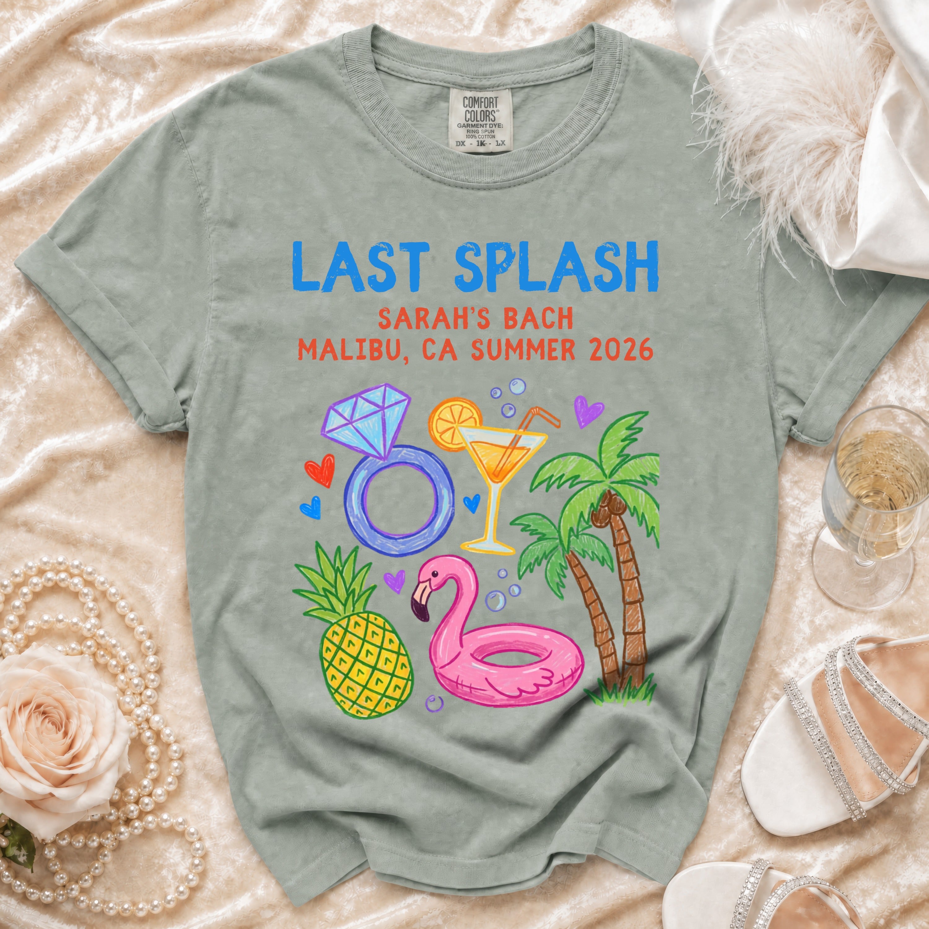 "Last Splash Sarah's Bach Malibu CA Summer 2026" t-shirt with tropical graphics.