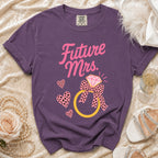 Purple t-shirt with "Future Mrs." text, diamond ring, and pink hearts.
