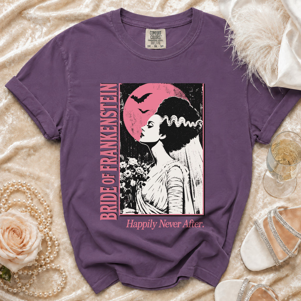 Purple t-shirt with Bride of Frankenstein graphic and "Happily Never After" text.