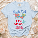 Light blue t-shirt with "Sarah's Bach Last Splash Malibu, CA Summer 2026" graphic.