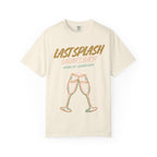 Cream t-shirt with "Last Splash Sarah's Bach Malibu, CA-Summer 2026" and champagne glasses.