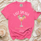 Pink t-shirt with "Last Splash Sarah's Bach Malibu, CA Summer 2026" and cocktail graphic.