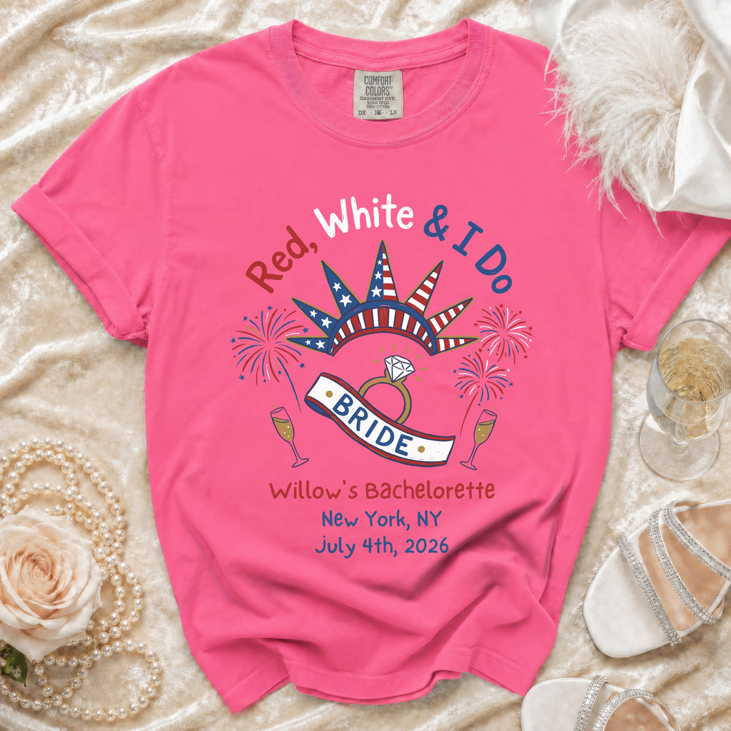 Bride's bachelorette t-shirt for Willow's July 4th, 2026 New York celebration.