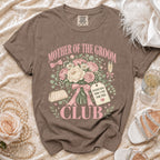 Brown t-shirt with "Mother of the Groom Club" and wedding bouquet graphic.