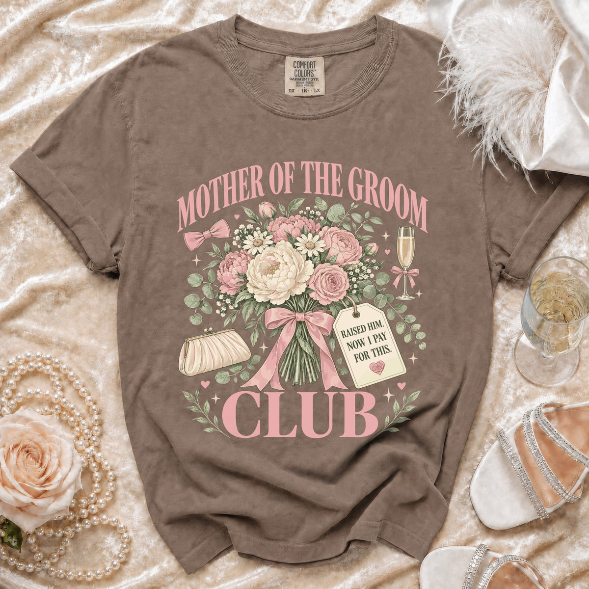 Brown t-shirt with "Mother of the Groom Club" and wedding bouquet graphic.