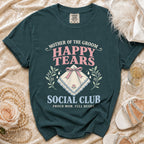 Dark teal t-shirt with "Mother of the Groom Happy Tears Social Club" text.