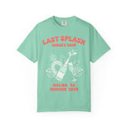Mint t-shirt with "Last Splash Sarah's Bach Malibu, CA Summer 2026" text and party graphics.